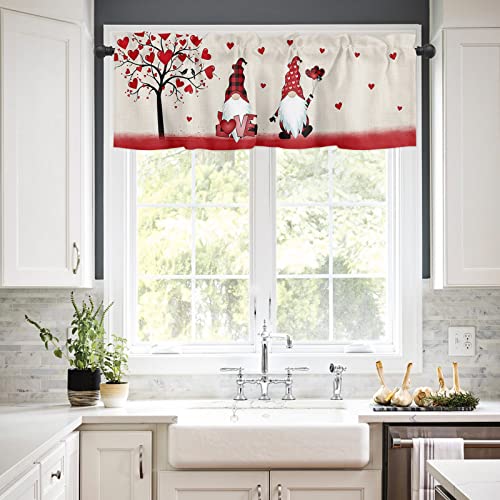 Alageo Valentines Day Valances Windows Curtain Gnome Love Heart Rod Pocket Valance Window Treatments 1 Panel Tree Couple Birds Short Curtains For Kitchen Windows Bathroom Bedroom 54 X 18 Inch #TOP1