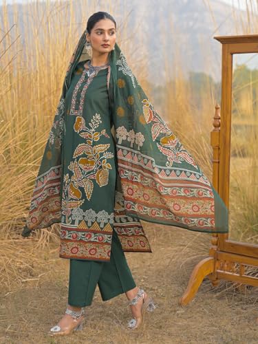 Image of INDO ERA Women's Green Pure Cotton Floral Printed Sequinned Kurta & Pant with Dupatta Set