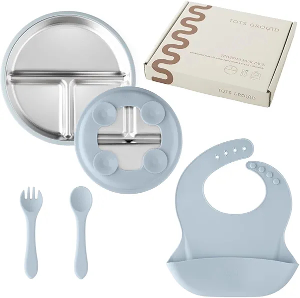 Stainless Steel Baby Feeding Set– Toddler Suction Plate, Removable Suction, Silicone Bib, Spoon & Fork – BPA-Free Weaning Kit for 6–18 Months, Soft Starter Utensils (Baby Blue)