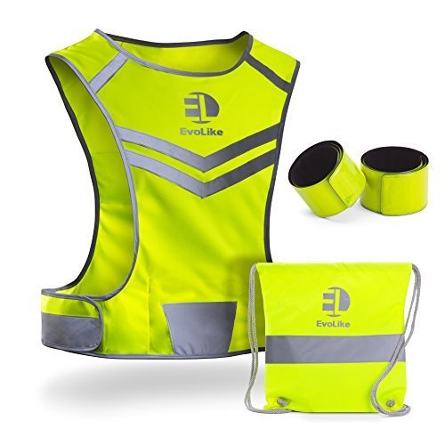 EvoLike Reflective Vest of Unique Design for Running Walking Cycling Jogging Motorcycle with Pocket + 4 High Visibility Wristbands + Bag (Fluorescent Yellow, Size L/XL)