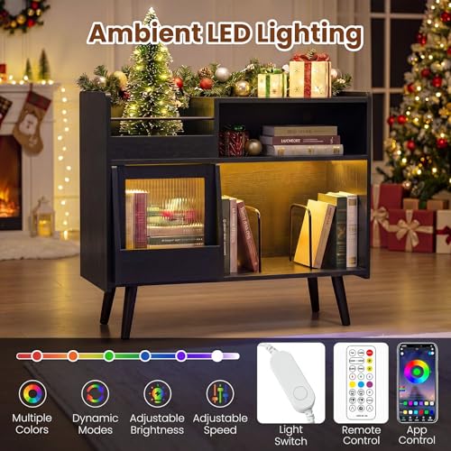 Image of Giantex Large Record Player Stand with LED Light, Mid Century Modern Turntable Stand w /Sliding Door, Charging Station & Plastic Leg, Record Player Table, Vinyl Record Storage for Living Room (Black)