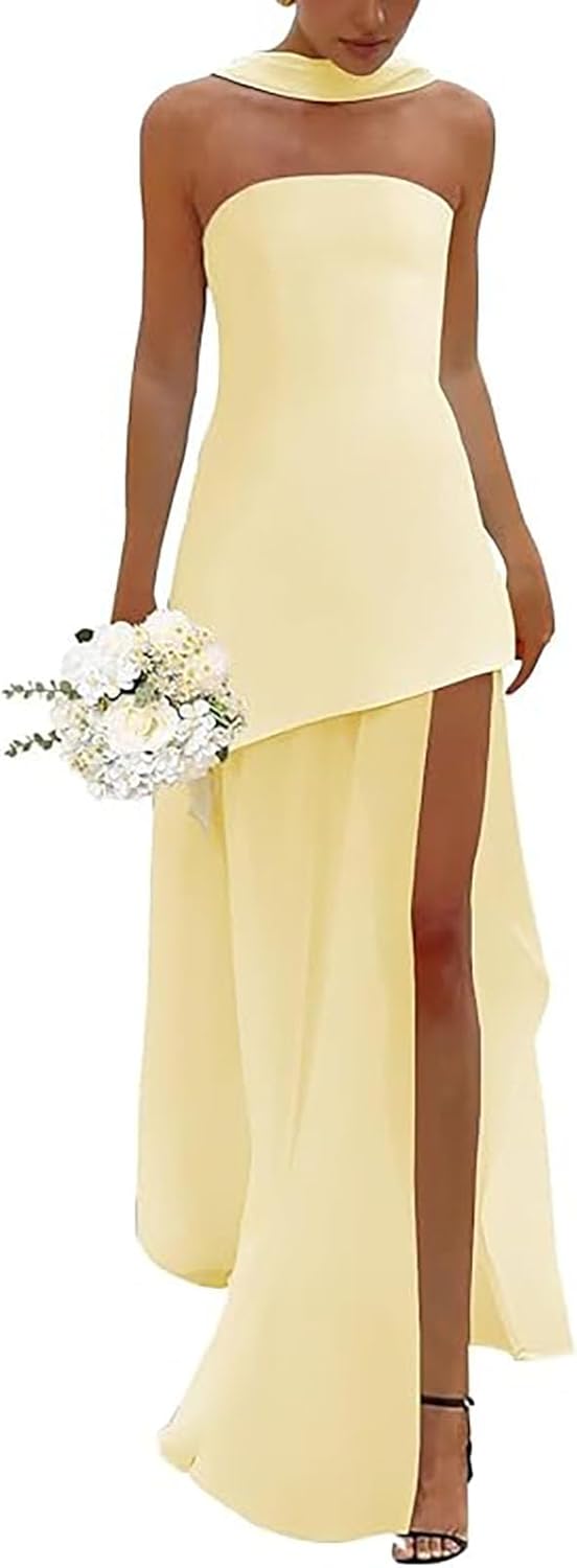 Women Strapless Corset Asymmetrical High Split Flowy Maxi Dresses Evening Gown Wedding Guest Dress with Scarf - Image 4