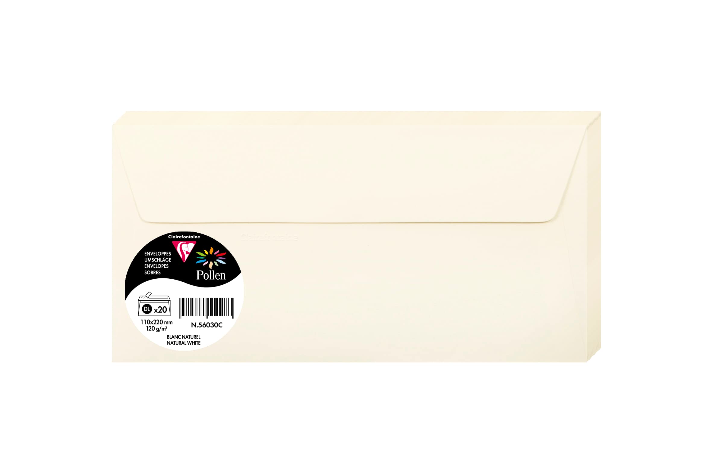 Clairefontaine 56030C – Paquete de 20 sobres autoadhesivos – Formato DL 11 x 22 cm – 120 g/m² – Color blanco natural – Invitación para eventos y correspondencia, gama Polen – Papel premium