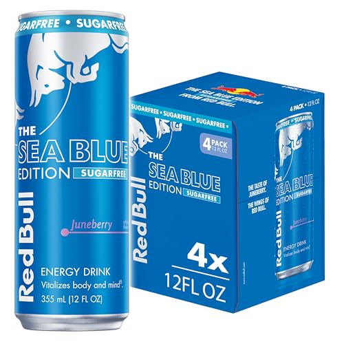 Red Bull Sea Blue Edition Sugar-Free Energy Drink, Juneberry, with 80mg Caffeine plus Taurine & B Vitamins, 12 Fl Oz, Pack of 4 Cans
