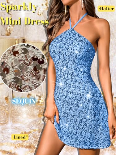 Sequin Mini Dress,Halter Backless Sexy Dresses for Women,Sparkly Outfits Cocktail Birthday Party Nye2
