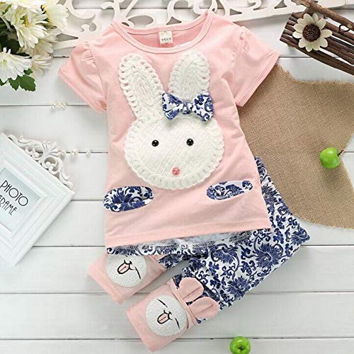 Rabbit Outfits Toddler Kids Little Girls Cute Cartoon Bunny Bow Applique T-Shirt Tops+Floral Pants Navy (Pink, 24 Months)