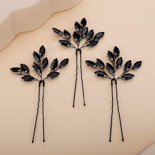 3pcs Gothic Black Crystal Hair Pins Set for Wedding Brides