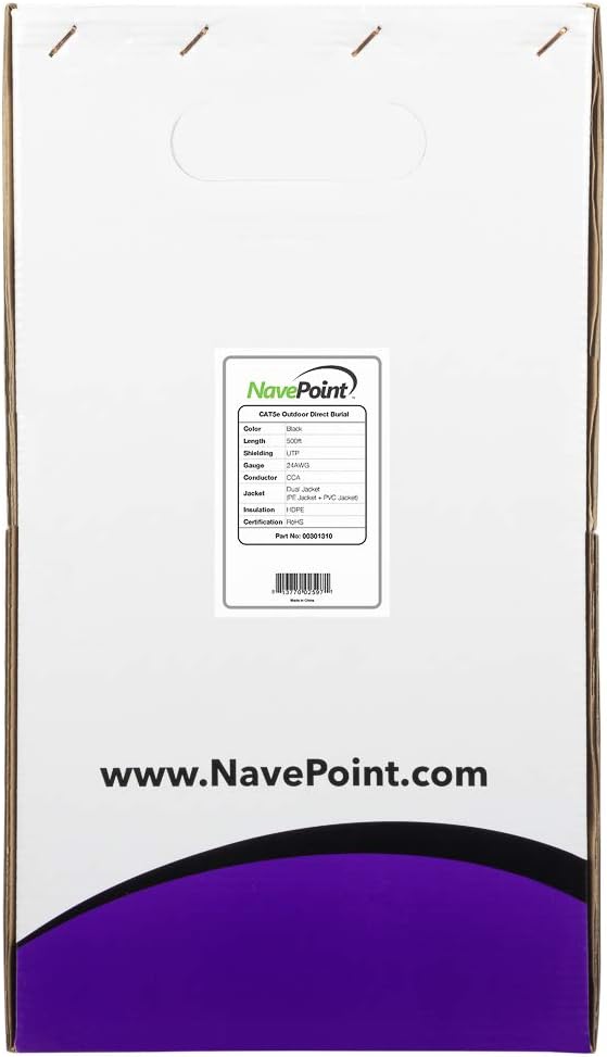 NavePoint CAT5e Outdoor Direct Burial Rated, 500ft, Solid Conductor, Black, Bulk Ethernet Cable, 24AWG 4 Pair, Unshielded Twisted Pair (UTP)
