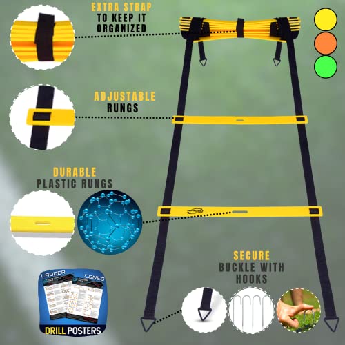 Invincible Fitness 20Ft. Agility Ladder Set - Includes 10 Cones, 4 Hooks, 5 Loop Bands, Resistance Parachute, Jump Rope, & Carry Bag - Improves Speed, Power, Strength, Weight Loss (Full Set Green) #TOP2