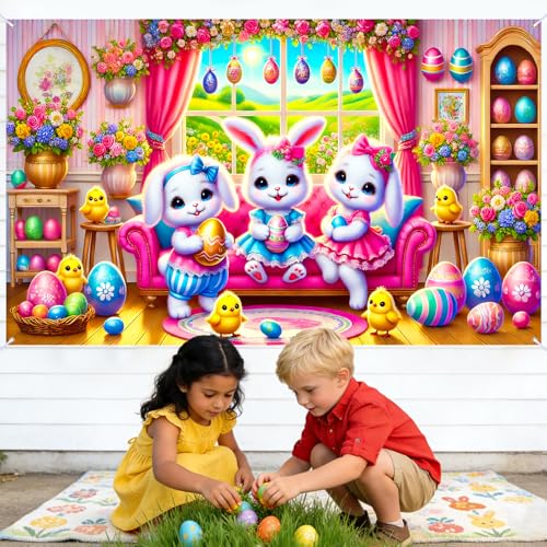 Image of Nuxovilar 43x70 inch Cartoon Bunny Trio Easter Banner