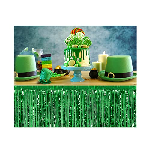 2 Pack Green Fringe Table Skirt 29X108 Inch Tinsel Desk Skirts For Rectangle Tables With 2 Roll Masking Tapes For St. Patrick's Day Mardi Gras Kids Dinosaur Birthday Party Table Decorations #TOP4