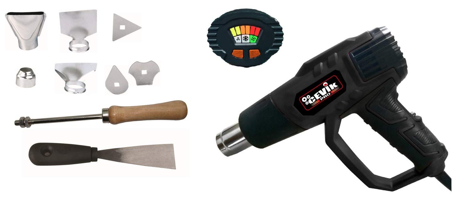 CEVIK CE-GW1029M Pistola de Calor 2000W con Pantalla LED – Decapador Aire Caliente con Control de Temperatura – Pistola de Aire Caliente con Maleta y 9 Accesorios para Bricolaje Profesional