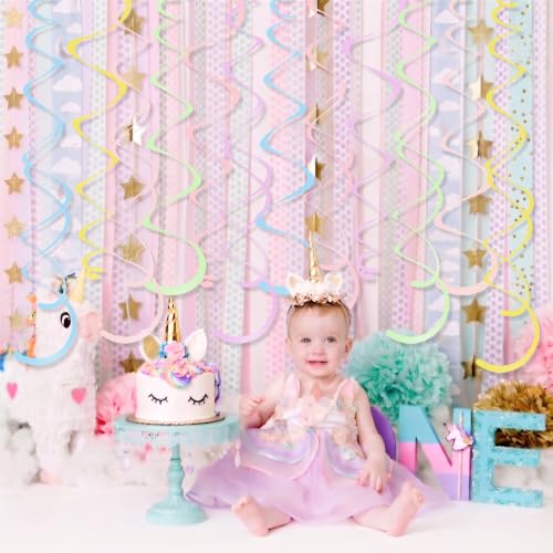 Image of 24 PCS Pastel Macarons Hanging Swirl,Sparkle Ceiling Hanging Decorations, Plastic Streamer Party Decorations with Double-Swirls and Single-Swirls for Birthday, Spring, Bridal, Gender Reveal, Wedding