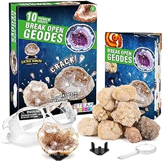 Dr. Daz Geode Crystal Rock Kit Break Your Own 10 Premium Geodes Large Set Crystals Geode Real Kit Science Craft Toys For Kids Boys Girls 8 9 10 Years Old With 2 Display Stands and Storage Pouch