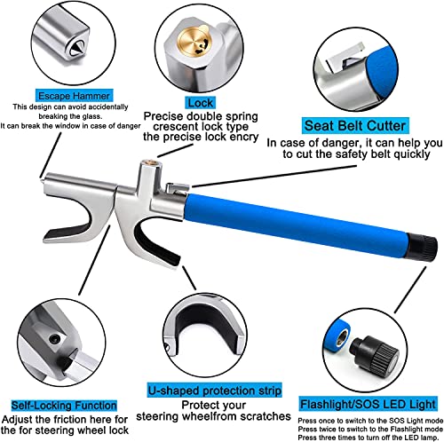 KNFRXO 4-in-1 Steering Wheel Lock with Flashlight/SOS LED Ligth,Seat Belt Cutter,Escape Hammer,2 Keys Retractable Steering Lock,Vehicle Anti-Theft Lock,Universal for Auto/Truck/SUV/Van(Blue)