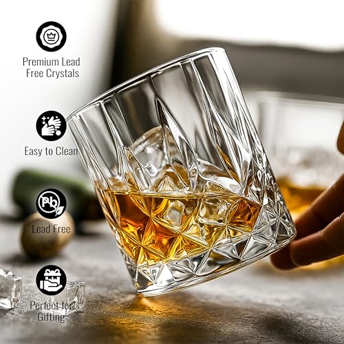 Image of Whiskey Glass Set - Whisky Glasses - Crystal Clear Tumbler Set for Scotch, Bourbon, Cocktails & Old Fashioned, 340 ml Stylish Heavy Base Glassware for Bar, Home, Party & Gift, WHISKEYGLASS 6 Notch