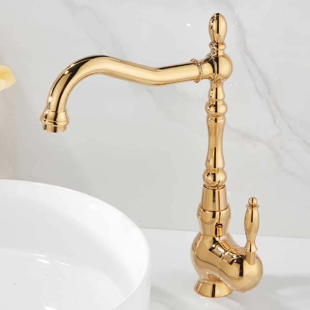 Lakkoakoaa B Asin Taps Athroom Asin Tap 360° Swivel Antique Style Rass Single Lever High Athroom Sink Mixer Faucet, Hot/Cold Water, With Uk Standard Hoses, Gold