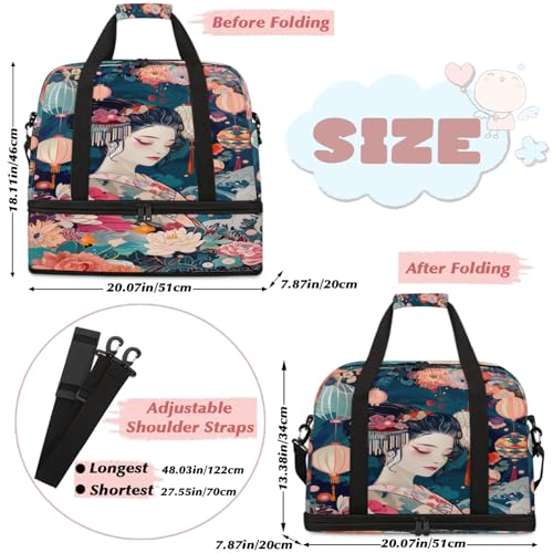 Flower Beautiful Woman Japan Travel Duffel Bags for Women & Men Large Sports Gym Bags Foldie Weekender Overnight Bag Carry On Tote Bag With Shoe Compartment Personal Item Luggage for Travel Sports Gym2