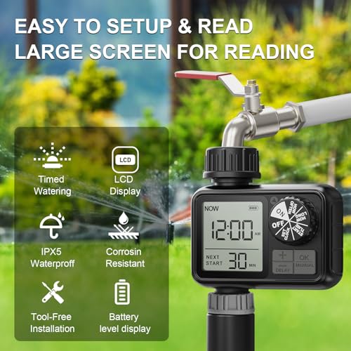 Image of Watering Computer, Watering Clock with Rain Delay /Automatic & Manual Mode, IPX5 Waterproof /Large Screen LCD Display, Water Timer for Garden, Lawn, HCT-M02