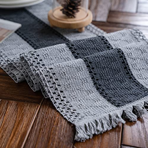 Weldomcor Camino de Mesa de Macramé Gris Camino de Mesa de Lino de Algodón Boho con Borlas, Mantel Rectangular de Malla de Encaje de Ganchillo para Cocina, Granja Vintage, Decoración de Mesa de Boda