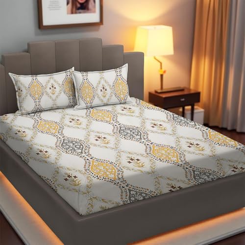 Image of IVAZA 240 TC Soft Ezyption Cotton Floral Print King Size Bedsheet - with 2 Pillow Covers, Hypoallergenic, Brethable, (Size-Size- 90 x 90 Inch | Gold White