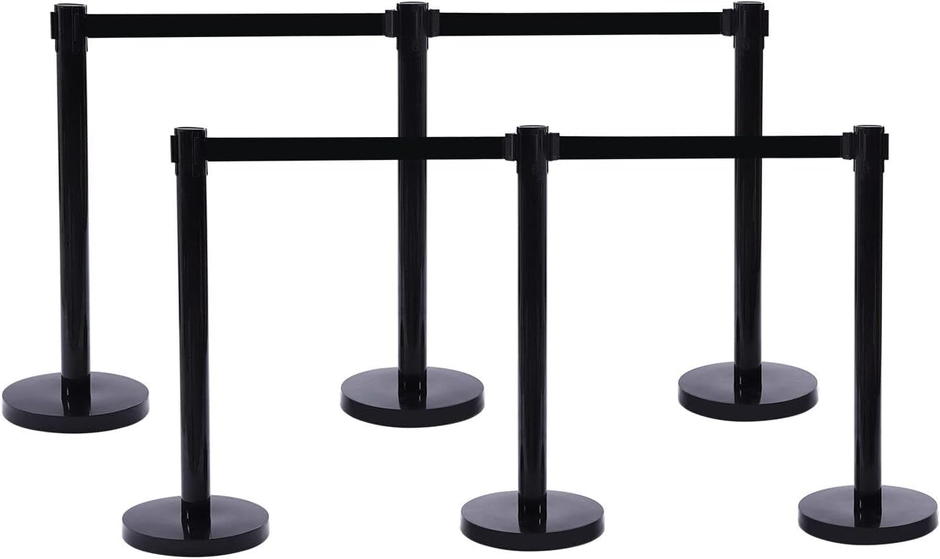 6Pcs Black Stainless Steel Crowd Control Barrier with Retractable Belt Posts Queue Pole Stanchion Set Strong and Durable Stanchion Barrier (Black+Black)