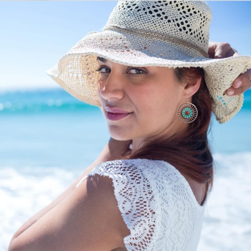 6 Pairs Bohemian Vintage Dangle Earrings Retro Rhinestone Teardrop Hollow Leaf Sunflower Earrings for Women Geometric Round Colorful Jewelry Earrings Set4