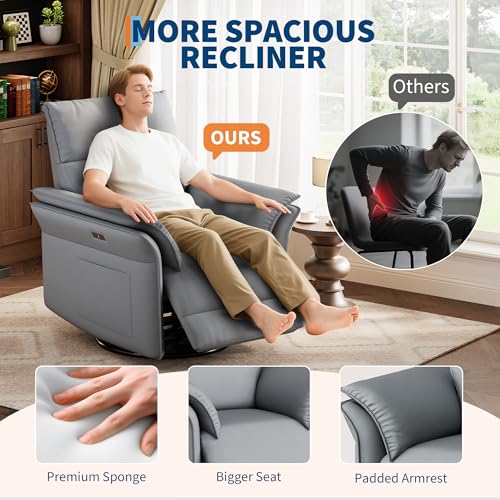 Image of GarveeHome Power Recliner Chair Swivel Glider Upholstered Faux Leather Nursery Rocker Reclining Sofa Chair with Charging Port, Curved Armrests & Padded Backrest (Gray)