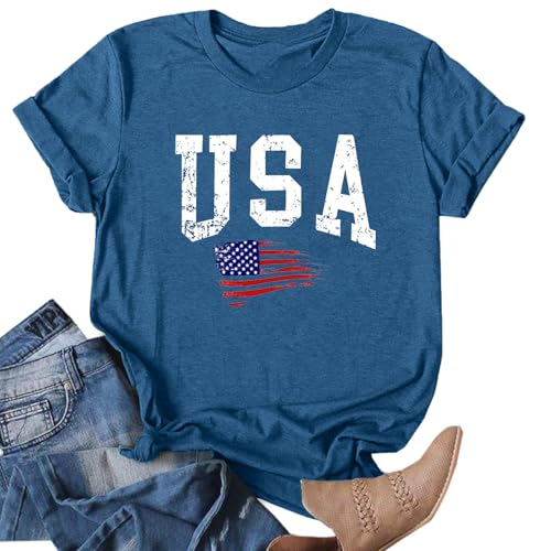 4th of July Shirts Women American Flag Shirt Patriotic T-Shirt USA Graphic Tees Casual Short Sleeve Tops