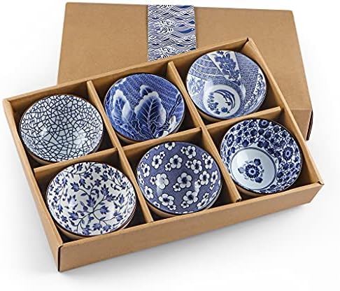 Sanbege Ceramic Rice Bowls 10 oz, Janpanese Style Bowl Gift Set, Assorted Dinnerware Serving Bowls for Cereal, Soup, Dessert, Snack, Fruit, Salsa, Pack of 6 (Blue and White)