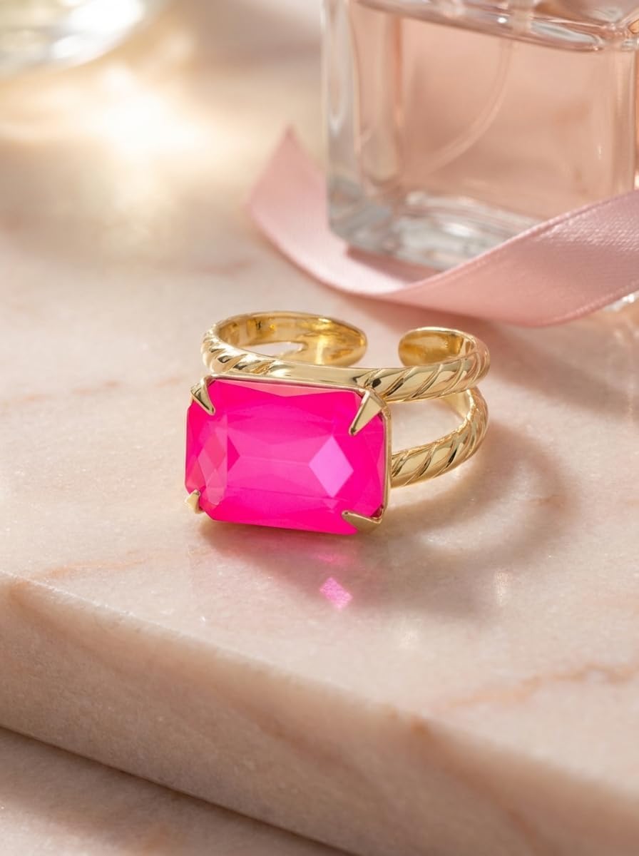 Sorrelli Emerald Cocktail Ring - Emerald-Cut Electric Pink Crystal, Gold-tone Band, Size 7