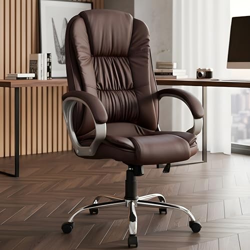 Image of MRC M061 Ergonomic High Back Premium Leatherette Office Chair with Fixed Armrests, Heavy Duty Chrome Base,| Home Office Desk Chair, 3 Years Warranty,Pre-Assembled (Brown)