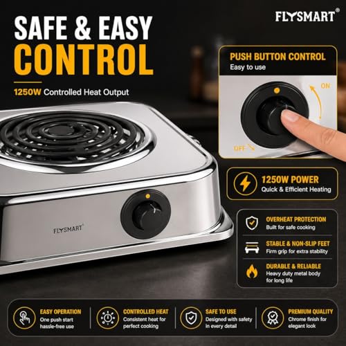 Image of Solid Heavy Body Electric Coil Cooking Stove | Chrome Plated Radiant Hot Plate Cooktop | Push Button Control | Portable Electric Heater & Cooking Plate (Silver)