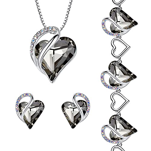 Leafael Infinity Love Heart Necklace, Stud Earrings, and Bracelet for Women, Healing Stone for Protection Crystal Jewelry, Silver Tone Bundle Gifts for Women, Crystal Black