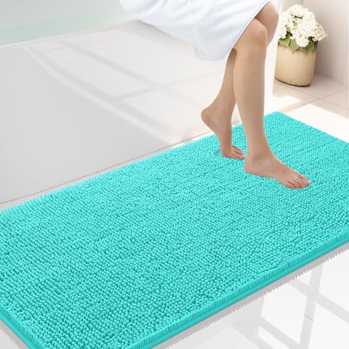 Smiry Luxury Chenille Bathroom Rugs 47x24, Extra Soft and Absorbent Shaggy Bath Mat, Machine Washable, Non-Slip Plush Carpet Runner for Tub, Shower, and Floor, Home Decor Accessories, Turquoise