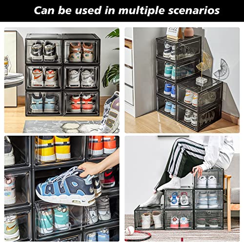 Kroshine Shoe Boxes Clear Plastic Stackable,6 Pack Shoe Organizer For Sneaker Storage With Magnetic Front Door Shoe Display Case Shoe Containers,Easy Assembly(13.6"X10.6"X7.7" Clear Black) #TOP5