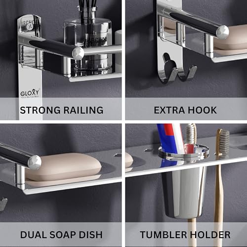 Image of GLOXY Premium Stainless Steel Bathroom Shelf Combo Pack of 3 | Chrome Finish Bathroom Accessories Set with Soap Holder, Toothbrush Holder & Storage Shelves | 4 in 1 Wall Mounted Bathroom Organizer