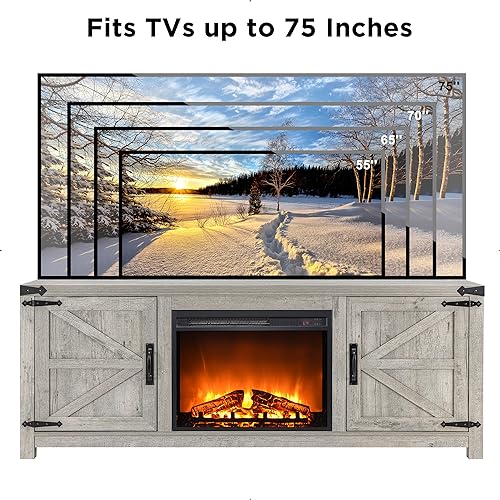 T4TREAM Fireplace TV Stand for 75 Inch TV, Farmhouse Barn Door Media Console, Entertainment Center with 23" Electric Fireplace Remote Control,for Living Room, 66 Inch, Light Rustic Oak