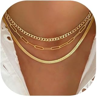 Dodder 14K Gold Plated Layered Necklaces for Women: Herringbone, Paperclip & Cuban Chain Choker Set