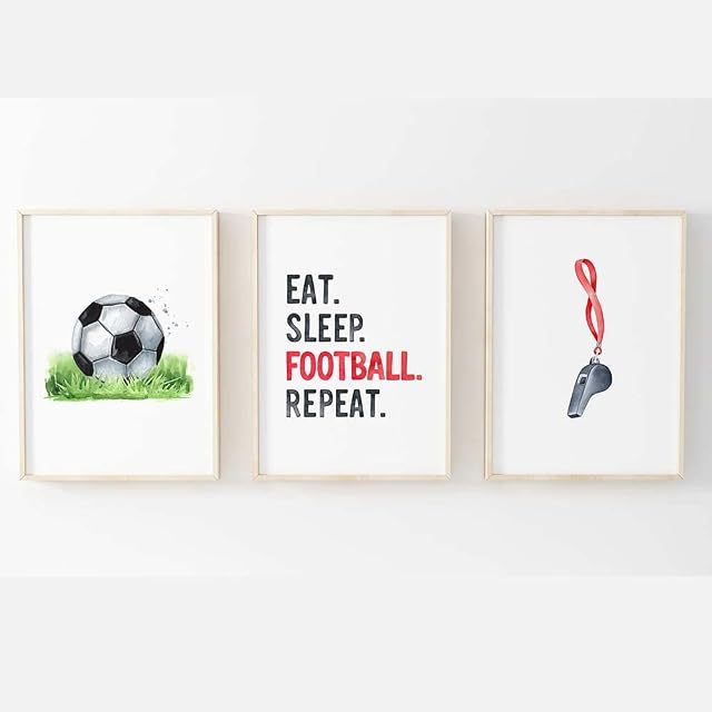 Boys Football Poster Prints Wall Art | Football Accessories Bedroom | Children's Artwork | Set of 3 - [Frames Not Included] (8x10 Inch, Red)