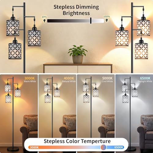 GHOOCEMLUX Dimmable Floor Lamp, Farmhouse Standing Lamp with Elegant Metal Cage, Industrial Tall Tree Floor Lamps for Living Room, Bedroom, Study Room, Office, 3 x 800LM LED Bulbs Included, 72", Black by GHOOCEMLUX - Used condition - Image 3