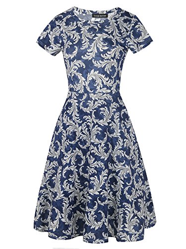 Image of oxiuly Women Casual Dress Round Neck Soft Cotton Floral A-Line Midi Summer Dresses with Pockets OX262
