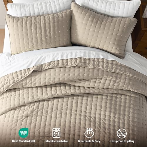 WDCOZY Beige California Cal King Size Quilt Bedding Sets with Pillow Shams, Cream Tan Oversized Lightweight Bedspread Coverlet, Quilted Blanket Thin Comforter Bed Cover, 3 Pieces, 118x106 inches β image 7