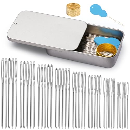 Image of TLKKUE 100 /40 Pcs Large-Eye Blunt Needles, Tapestry Needle with Needle Threader Thimble, Steel Yarn Needles for Sewing Knitting Crafting Weaving Crochet Tapestry (Silver, 8 sizes /40 pcs)