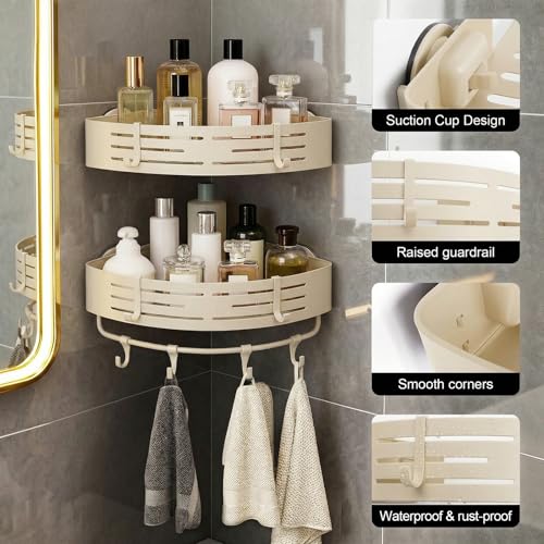 TIMBERHIDE 2-Tier No-Drill Storage Caddy with Hooks&Towel Bar,Organizing Solution for Bathroom,Shower&Kitchen,Holds Shampoos,Soaps,Sponges&Cleaners,Triangle,Cream — view 3