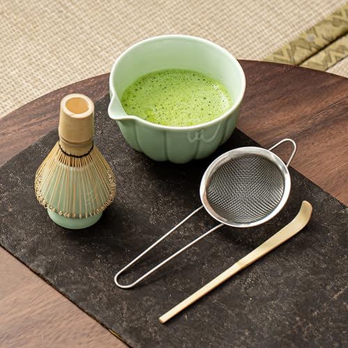 Matcha Whisk Set, Matcha Set Includes Ceramic Matcha Bowl, Bamboo Whisk, Scoop, Chasen Holder, Sifter - 5 Pcs Perfect Matcha Kit for Macha Lover (Emerald Green)