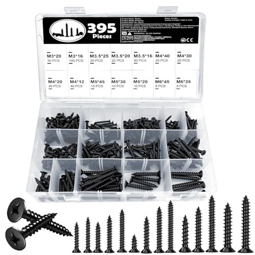 395 Pcs Self-Tapping Screw Set Including M3 M3.5 M4 M5 and M6 Phillips Cross Head Countersunk Black Screws for DIY & Repairs