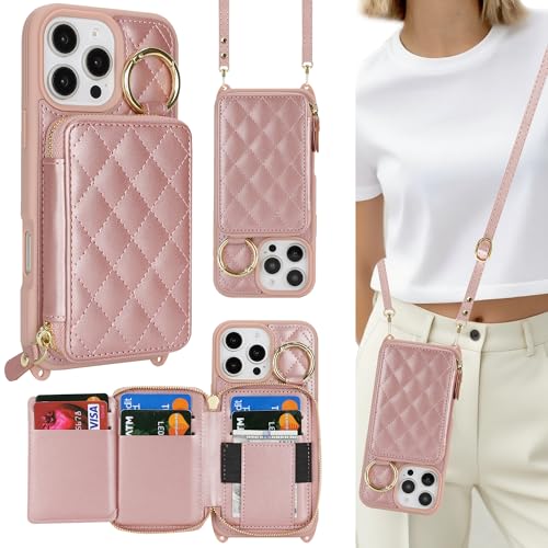 Etui iPhone 16 Pro Max or rose chic avec anneau support et cordon de qualite