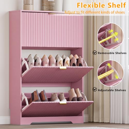 Image of BORNOON Entryway Shoe Cabinet with 3 Flip Drawers, Narrow Shoe Organizer Cabinet with Fluted Panel and Adjustable Shelves for Foyer, Hallway
