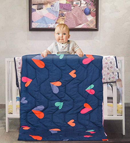 Image of Fareto Babies & Kids Super Soft All Season Use Reversible Printed Comforter | Blanket (200 GSM)(0-8 Years)(Size: L-58Inchs & B-42Inchs) (Dark Blue Heart)